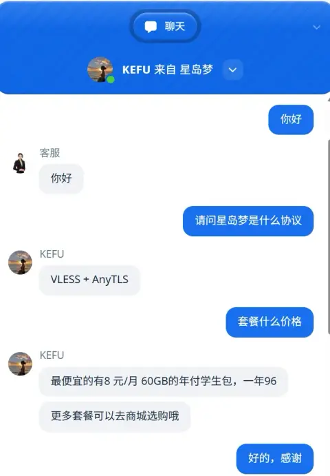 星岛梦官网在线客服对话截图,用户先问用什么协议,再问套餐价格