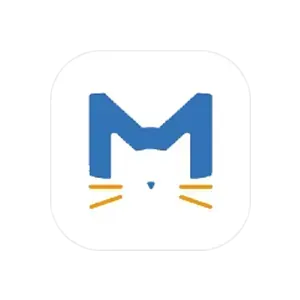 Clash Meta for Android 应用图标，白色圆角方块上一个蓝色 M 字，M 的下半截是猫脸，两侧有黄色胡须