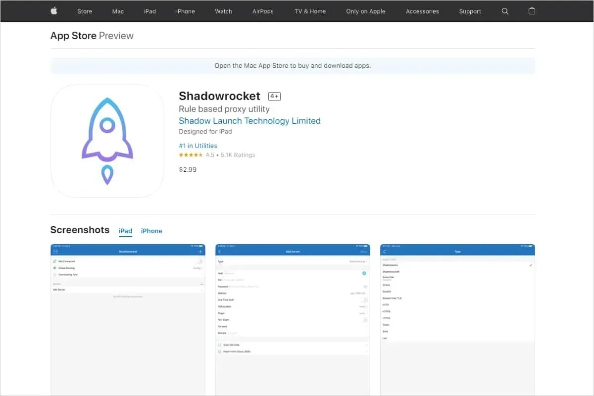 Apple 网站上的 Shadowrocket App Store 预览页，开发商 Shadow Launch Technology Limited，标价 2.99 美元，评分 4.5，共 5.1K 个评分