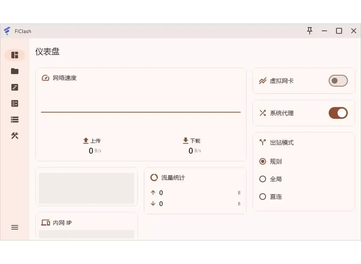 Windows 上的 FlClash 窗口停在仪表盘，左侧是图标导航，右侧虚拟网卡开关为关、系统代理开关为开，出站模式选中规则