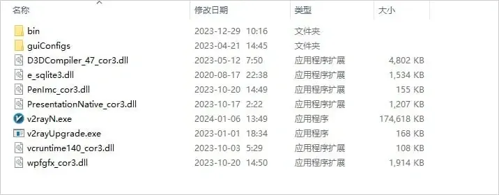 资源管理器中的 v2rayN 文件夹，含 bin 和 guiConfigs 两个子文件夹，以及 v2rayN.exe、v2rayUpgrade.exe 和多个 dll 文件