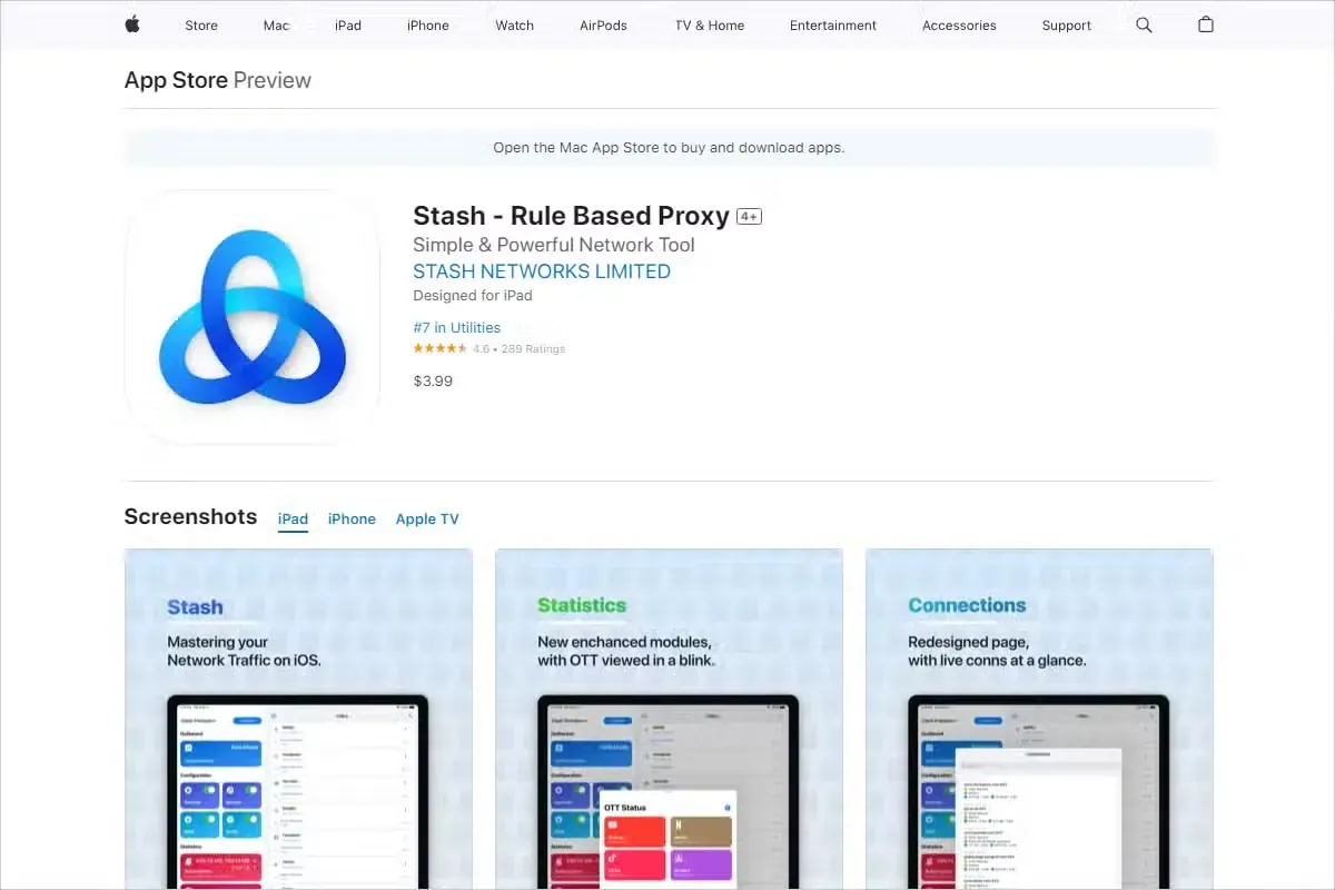浏览器里的 App Store Preview 网页，Stash - Rule Based Proxy 条目显示开发者 STASH NETWORKS LIMITED、评分 4.6、标价 3.99 美元，下方截图分 iPad、iPhone、Apple TV 三个标签