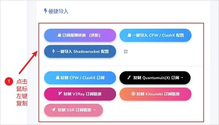 另一家机场面板的便捷导入卡片，上排是订阅规则转换和一键导入 CFW / ClashX、Shadowrocket 配置，下排是复制 CFW / ClashX、Quantumult(X)、V2Ray、Kitsunebi、SSR 订阅的按钮，整块被红框圈住
