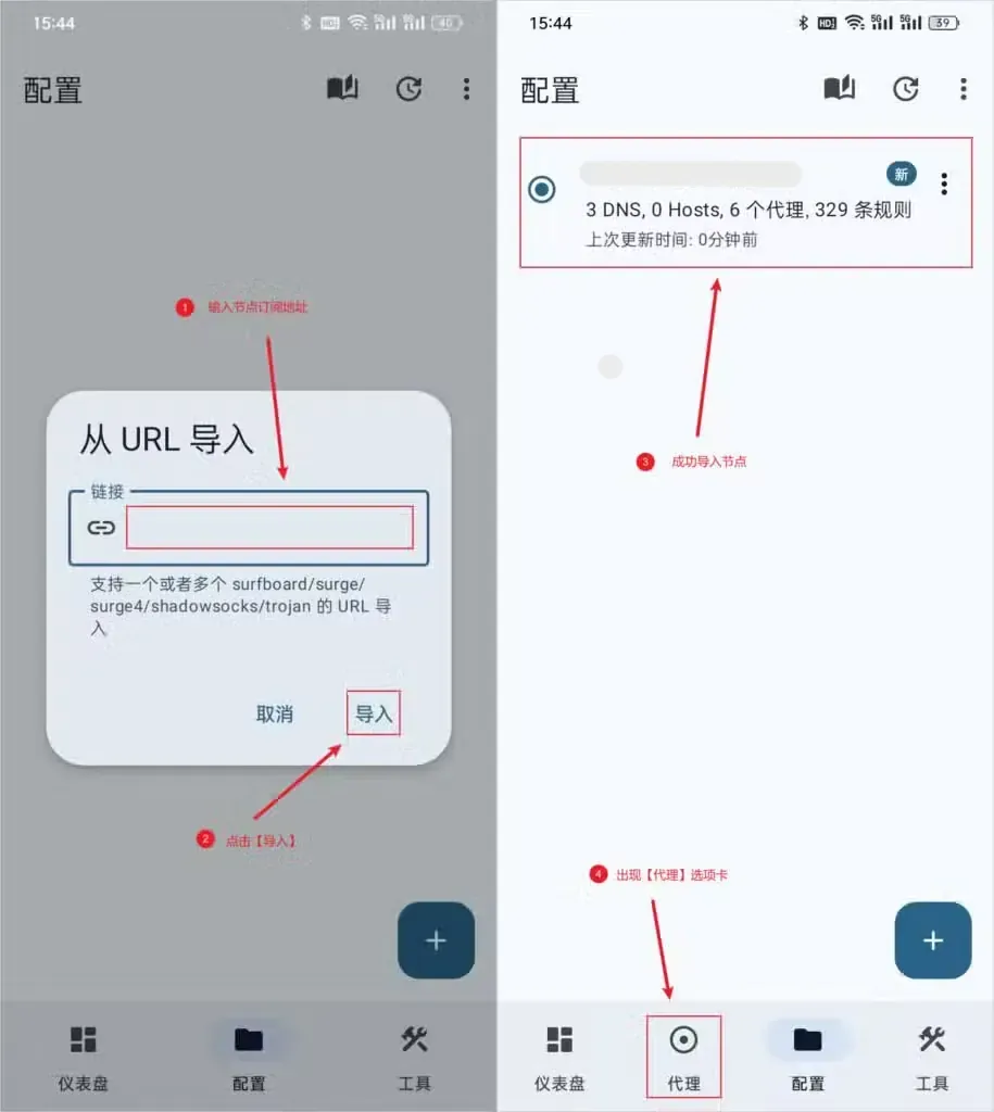 两张拼接的 Surfboard 安卓截图，左图是从 URL 导入对话框，链接输入框和导入按钮被红框标出；右图配置页出现一张名称已打码的配置卡片，显示 3 DNS、0 Hosts、6 个代理、329 条规则，底栏新增的代理被红框标出