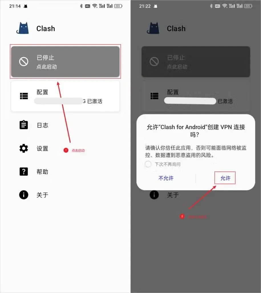 两张拼接截图，左图首页配置卡片显示已激活，已停止点此启动卡片被红框标出；右图系统对话框询问是否允许 Clash for Android 创建 VPN 连接，带下次不再询问勾选框，允许按钮被红框标出