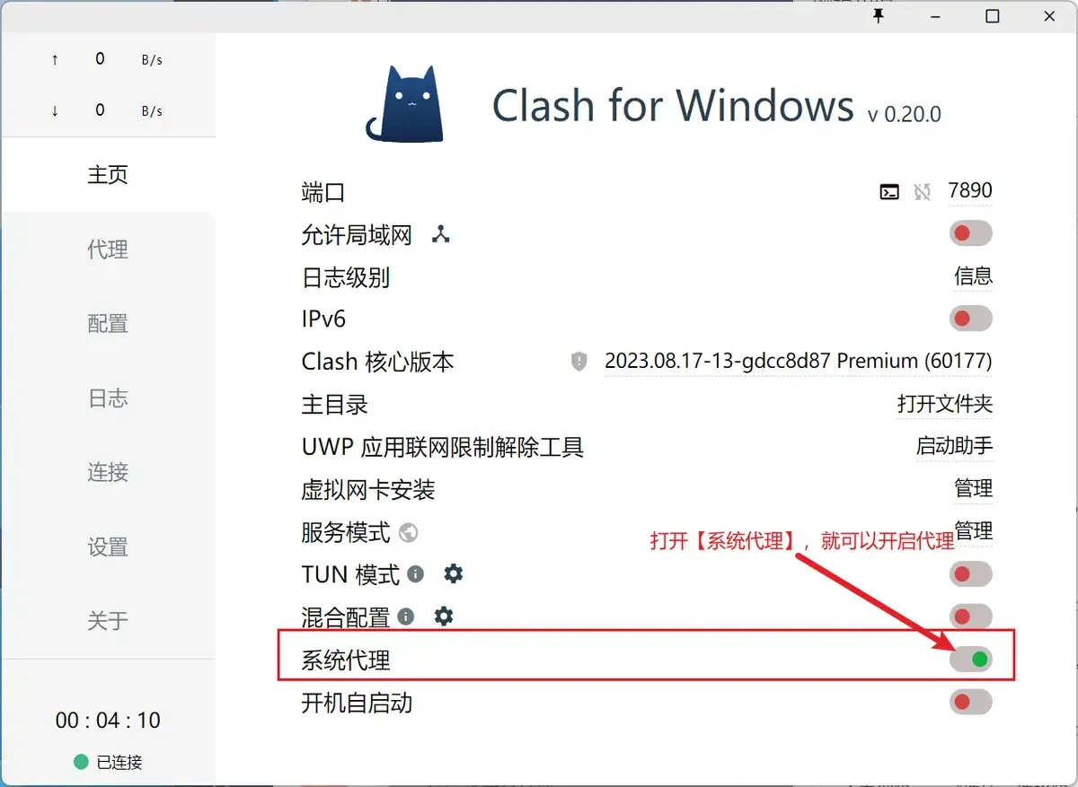 Clash for Windows 主页，标题旁显示 v 0.20.0，端口 7890，内核一栏为 2023.08.17-13-gdcc8d87 Premium，“系统代理”一行被红框标出且圆点为绿色，其余开关都是红色的关闭状态