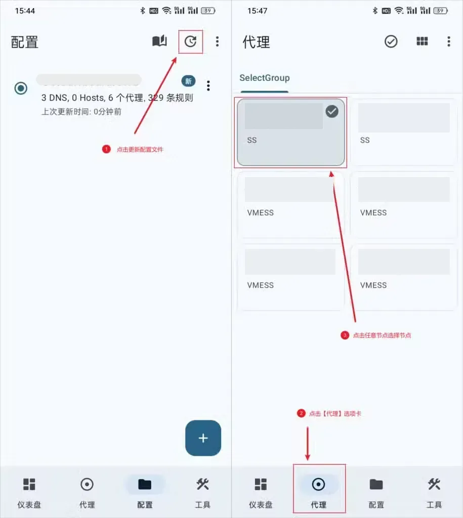两张拼接的 Surfboard 安卓截图，左图配置页顶栏的圆形箭头按钮被红框标出；右图代理页顶部标签为 SelectGroup，六张节点卡片名称已打码，分别标着 SS 或 VMESS，左上角那张为灰底并带对勾