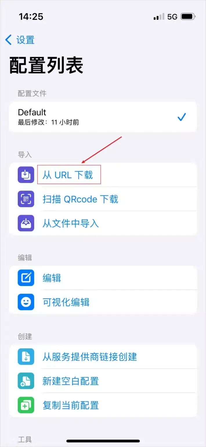 Stash 2.5.6 的配置列表，Default 右侧有对勾，红框和箭头指向导入分组第一行从 URL 下载，下面还有编辑和创建两组