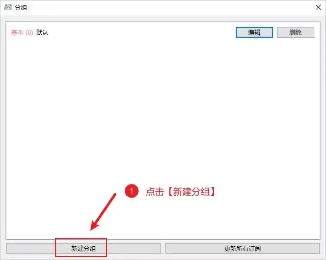 NekoRay 分组窗口，列表只有基本 (0) 默认一行，红框和箭头标出左下角的新建分组，右下角是更新所有订阅
