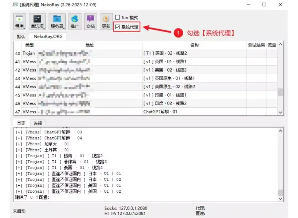 NekoRay 标题栏带 [系统代理] 字样，顶部系统代理已勾选并用红框标出，节点表是英国、印度等节点，地址已打码，左下角仍为未启动