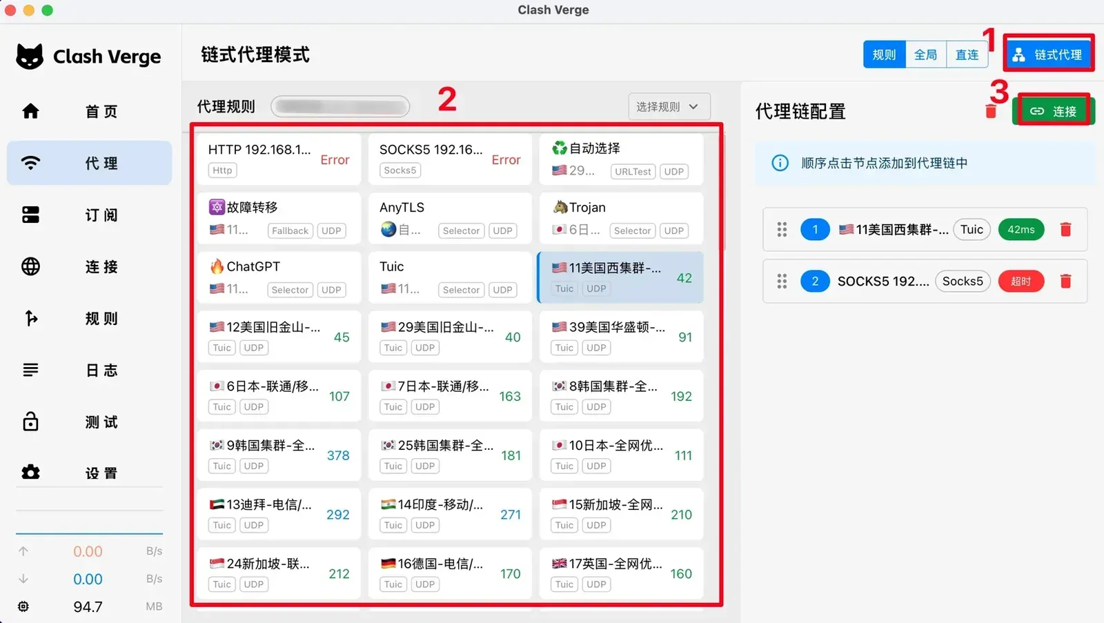 Clash Verge Rev 2.x 链式代理模式（macOS 窗口），右上角链式代理按钮被红框标出，右栏代理链配置列出 1 号美国 TUIC 节点 42 ms 和 2 号 SOCKS5 超时，绿色连接按钮被红框标出